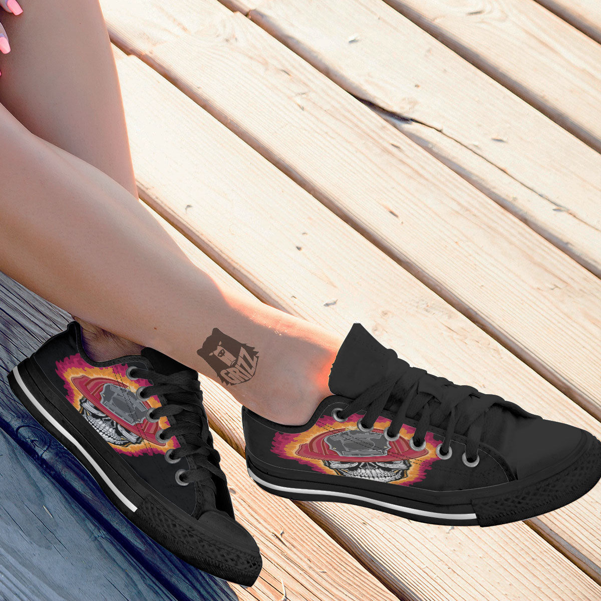 Firefighter Skull Flaming Print Black Low Top Shoes-grizzshop