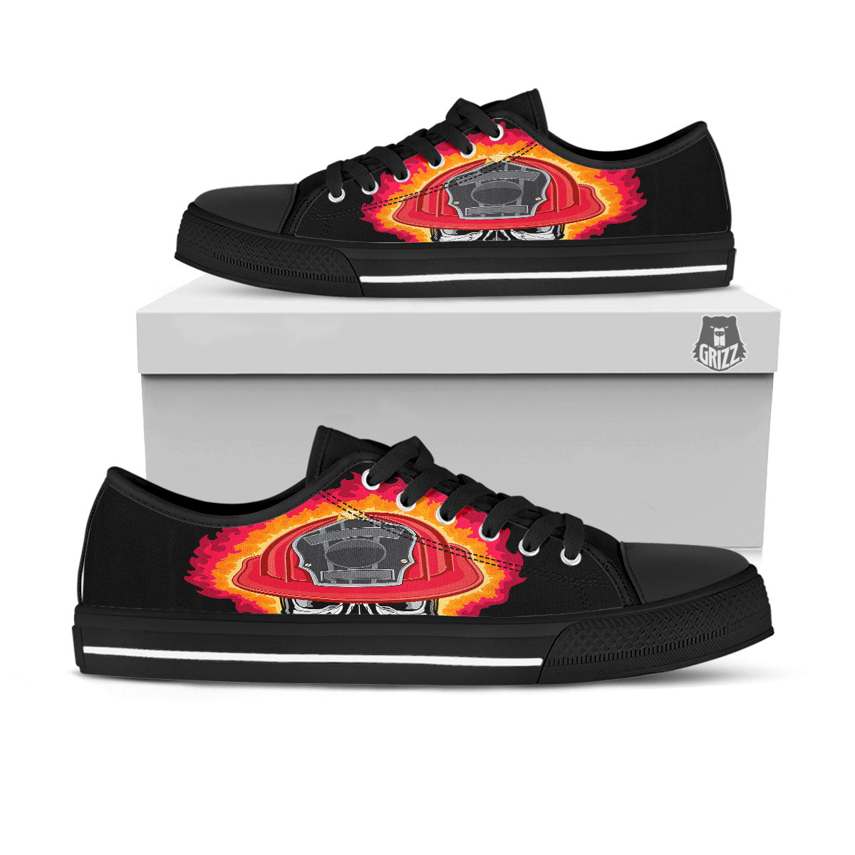 Firefighter Skull Flaming Print Black Low Top Shoes-grizzshop