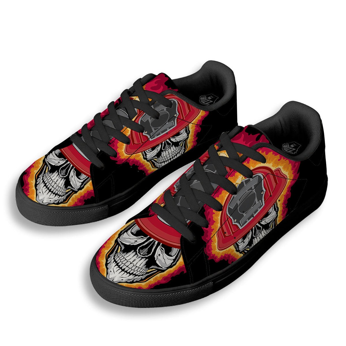 Firefighter Skull Flaming Print Black Low Top Sneakers-grizzshop