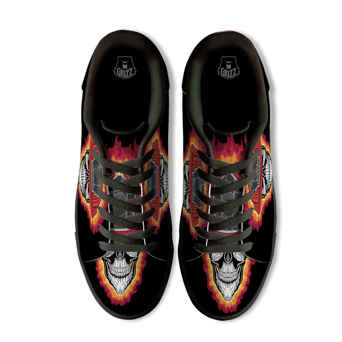 Firefighter Skull Flaming Print Black Low Top Sneakers-grizzshop