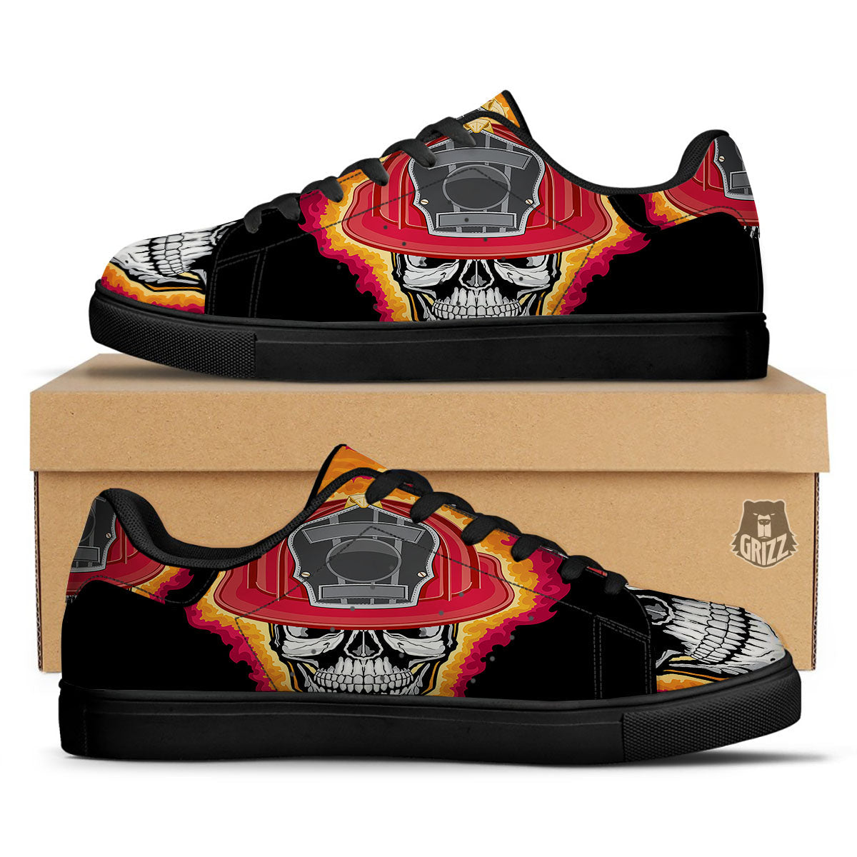 Firefighter Skull Flaming Print Black Low Top Sneakers-grizzshop
