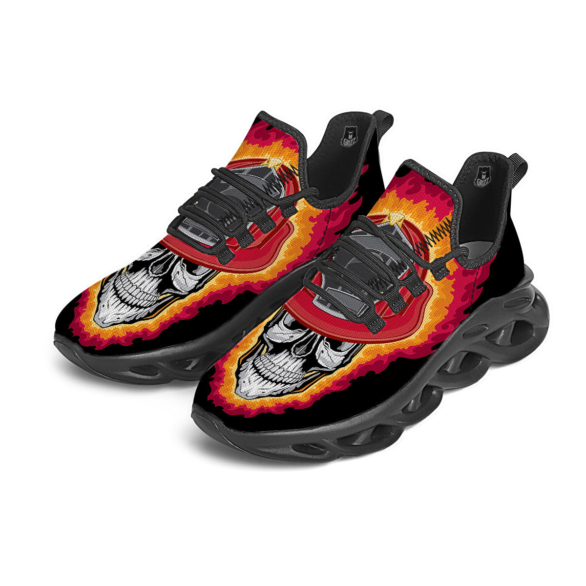 Firefighter Skull Flaming Print Black Running Shoes-grizzshop
