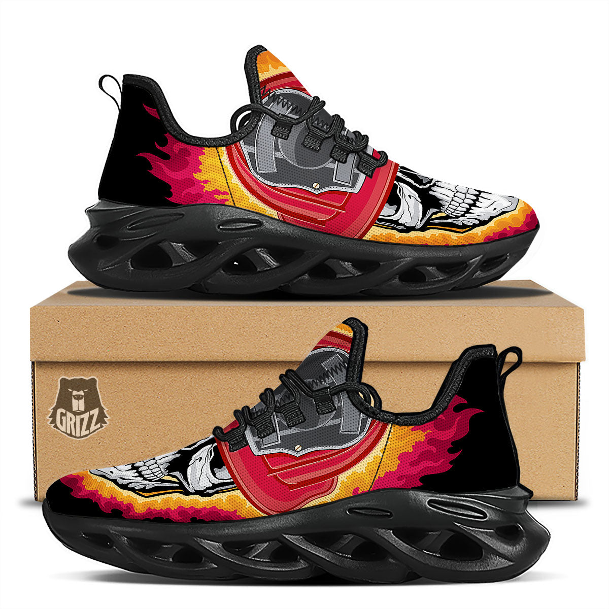 Firefighter Skull Flaming Print Black Running Shoes-grizzshop
