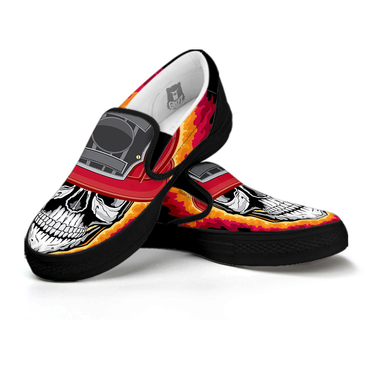 Firefighter Skull Flaming Print Black Slip On Shoes-grizzshop