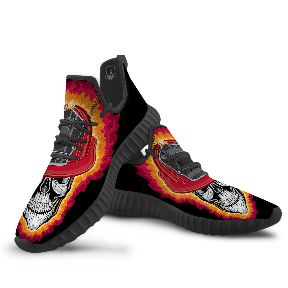 Firefighter Skull Flaming Print Black Walking Shoes-grizzshop