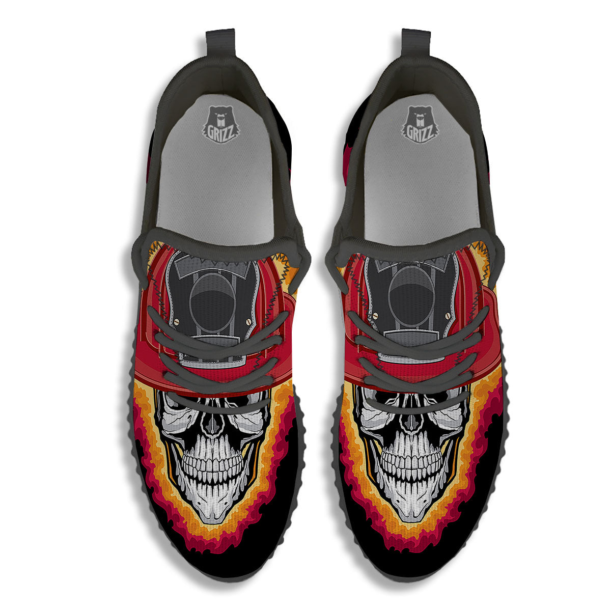 Firefighter Skull Flaming Print Black Walking Shoes-grizzshop