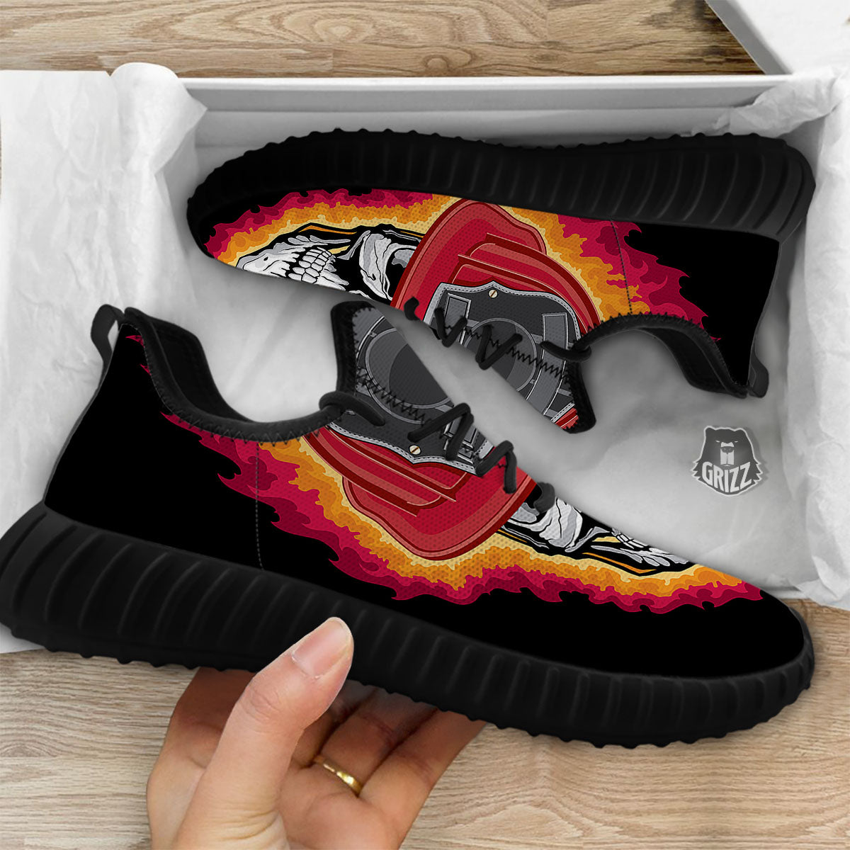 Firefighter Skull Flaming Print Black Walking Shoes-grizzshop