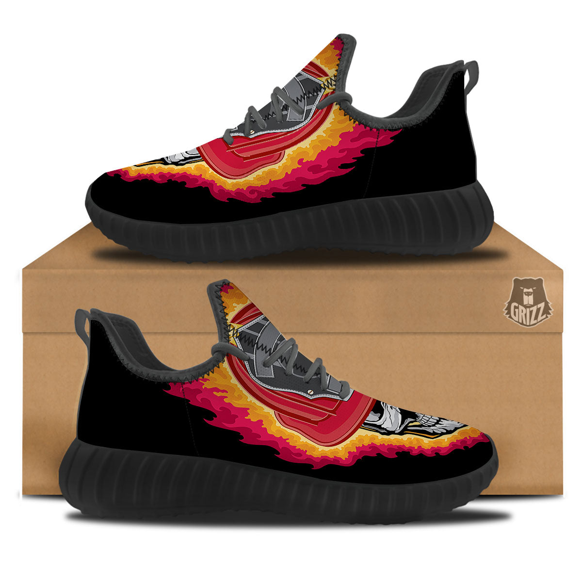 Firefighter Skull Flaming Print Black Walking Shoes-grizzshop