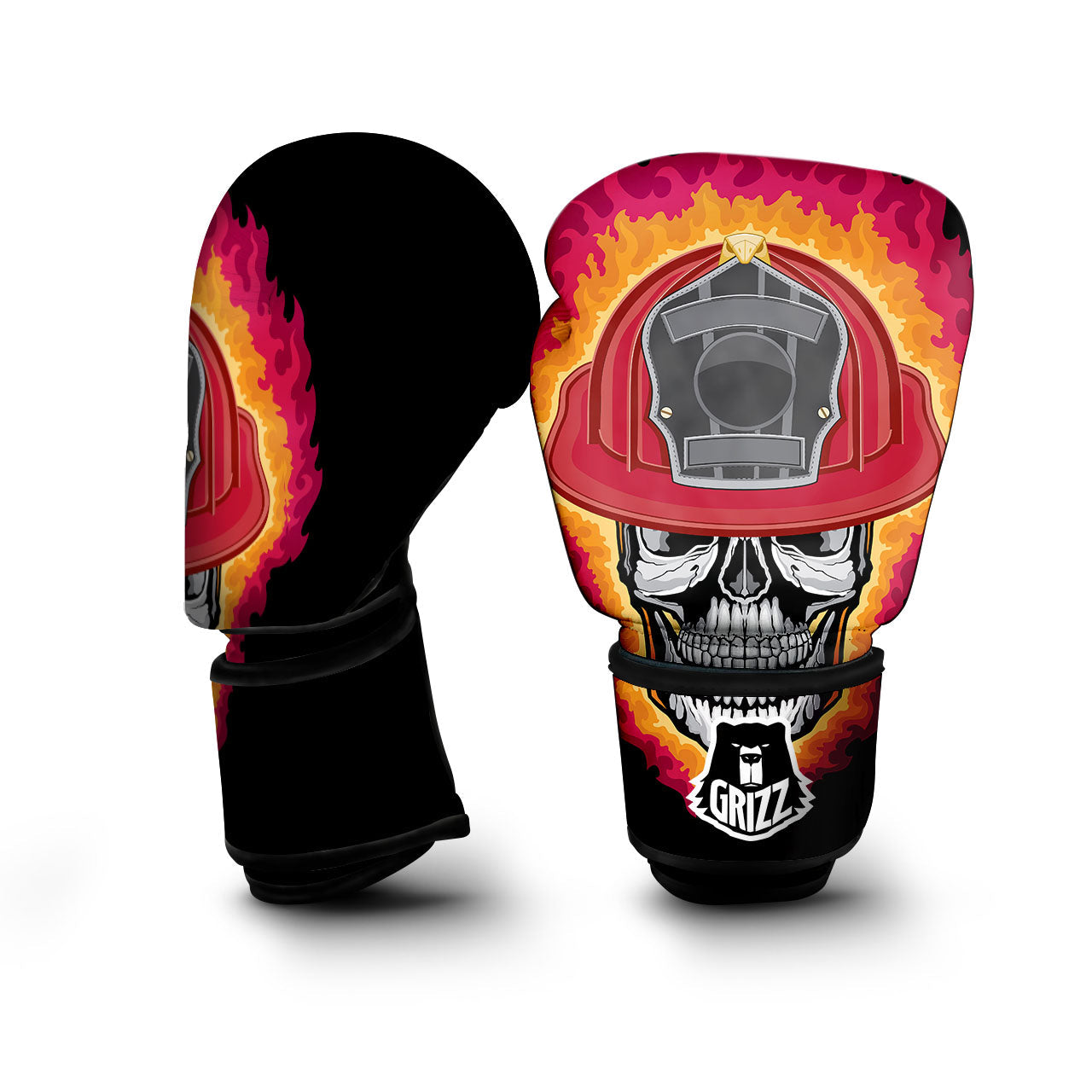 Firefighter Skull Flaming Print Boxing Gloves-grizzshop