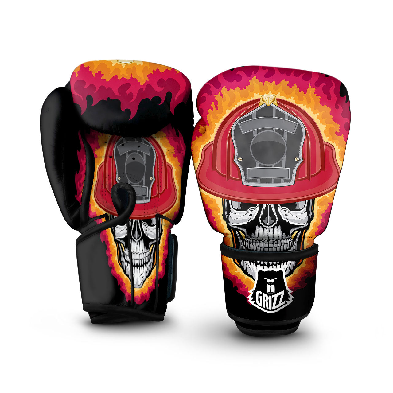 Firefighter Skull Flaming Print Boxing Gloves-grizzshop