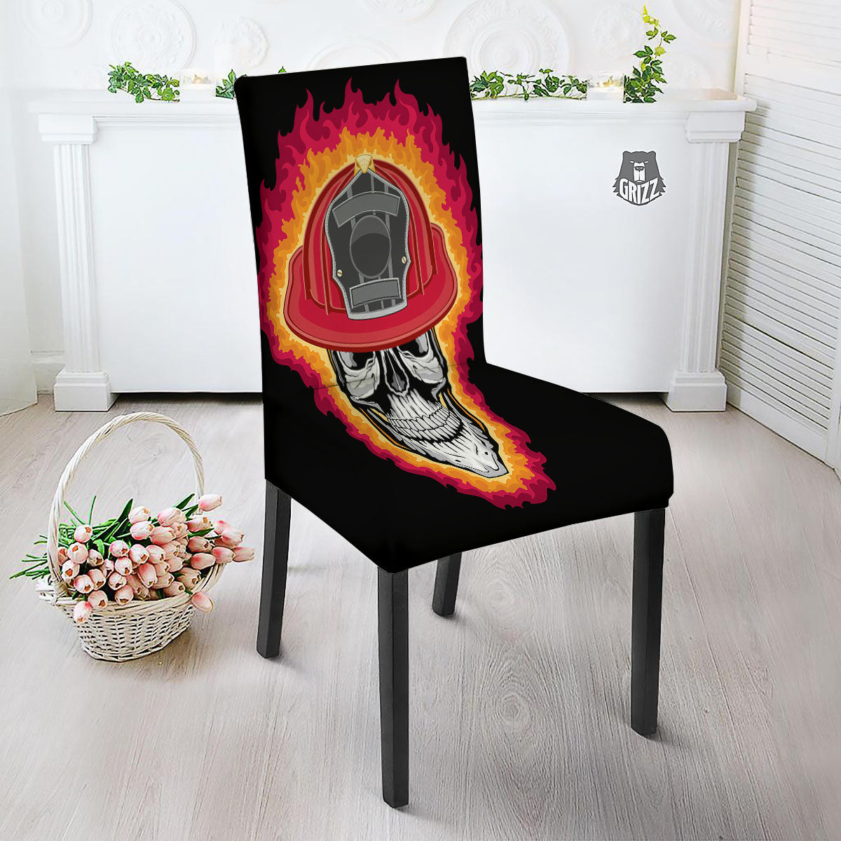 Firefighter Skull Flaming Print Dining Chair Slipcover-grizzshop