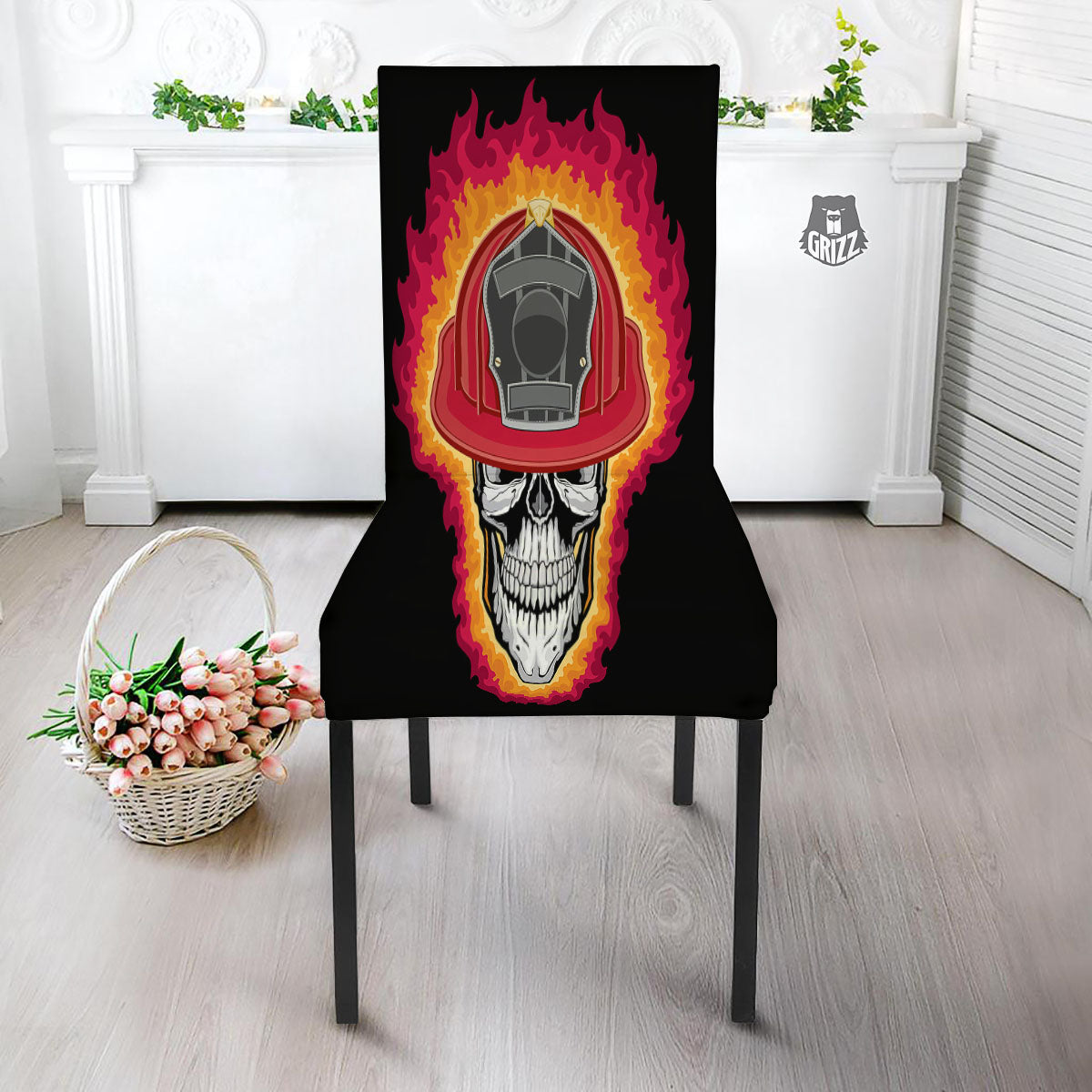 Firefighter Skull Flaming Print Dining Chair Slipcover-grizzshop