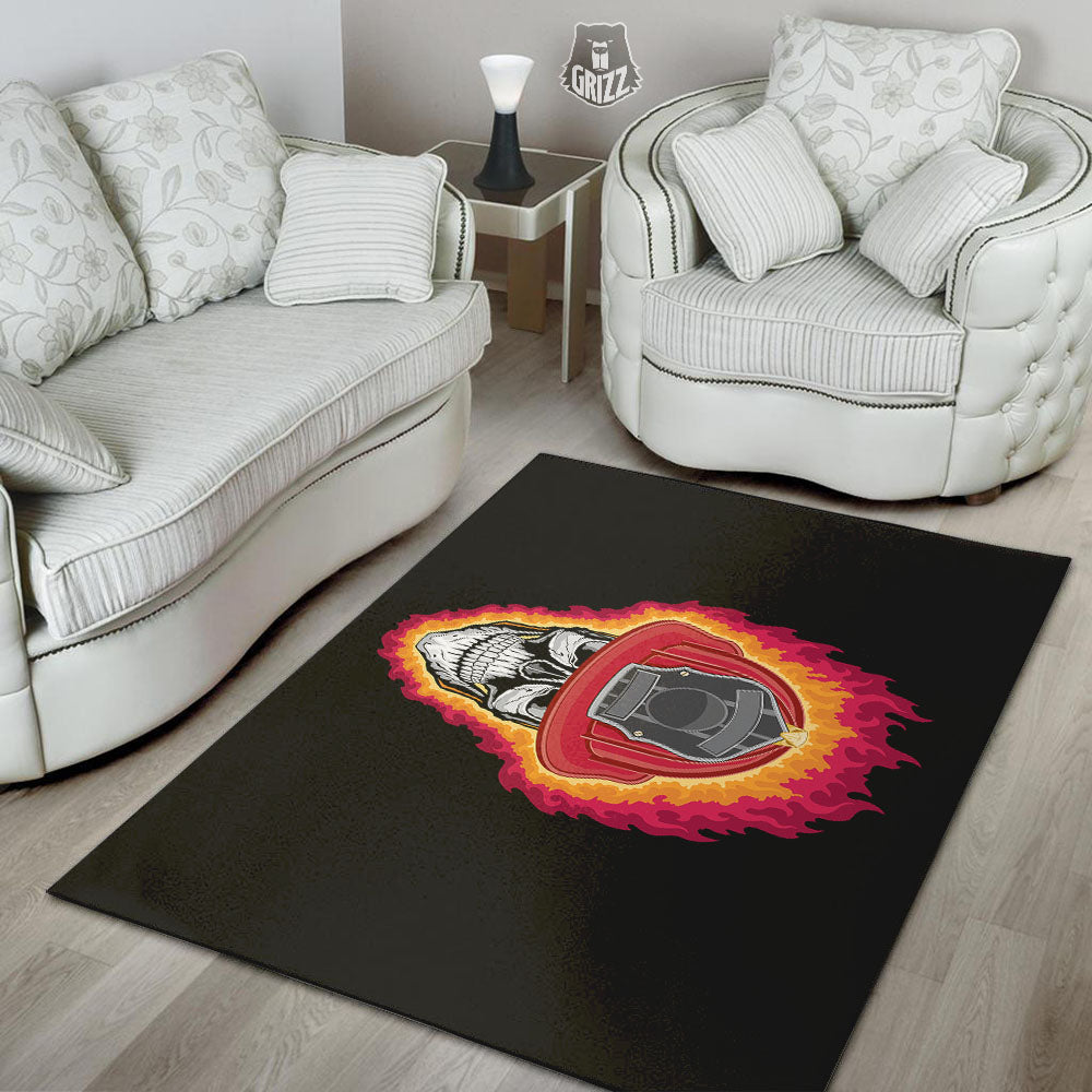 Firefighter Skull Flaming Print Floor Mat-grizzshop