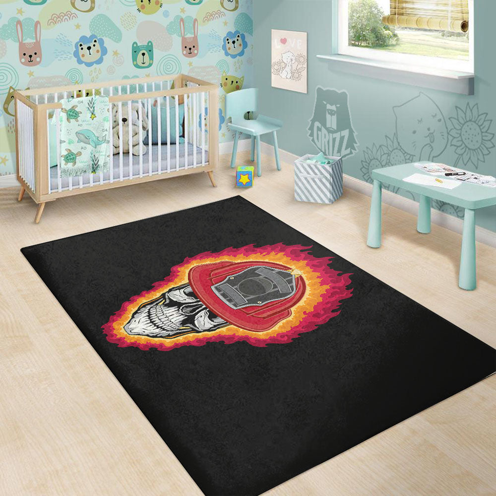 Firefighter Skull Flaming Print Floor Mat-grizzshop