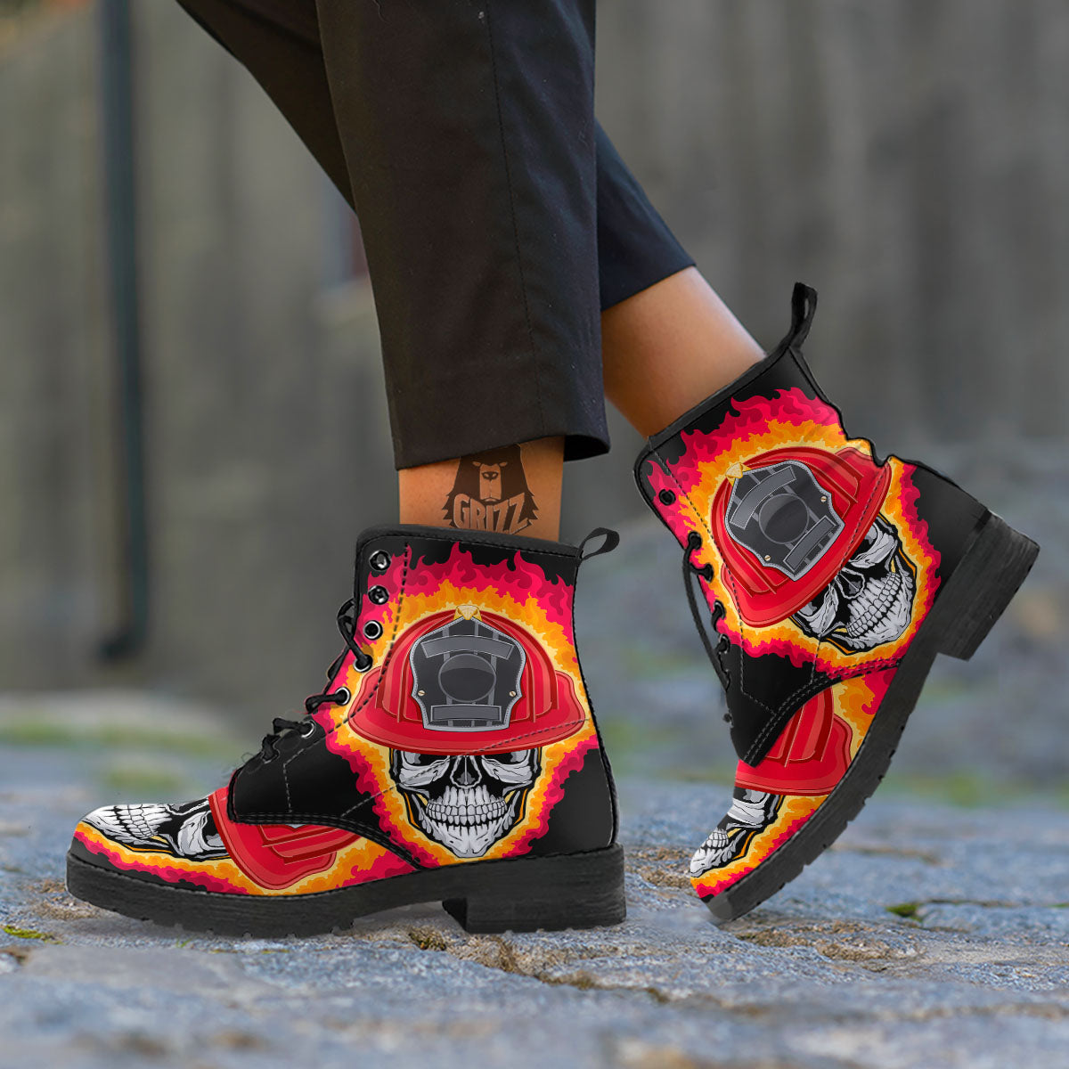 Firefighter Skull Flaming Print Leather Boots-grizzshop