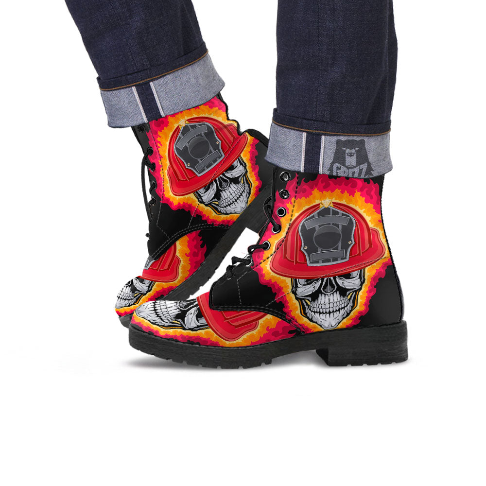 Firefighter Skull Flaming Print Leather Boots-grizzshop