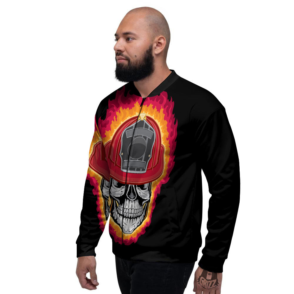 Firefighter Skull Flaming Print Men's Bomber Jacket-grizzshop