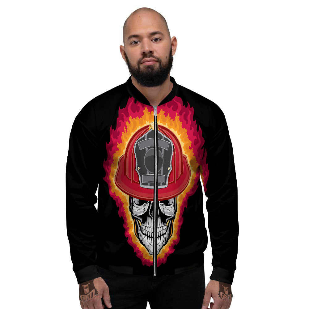 Firefighter Skull Flaming Print Men's Bomber Jacket-grizzshop