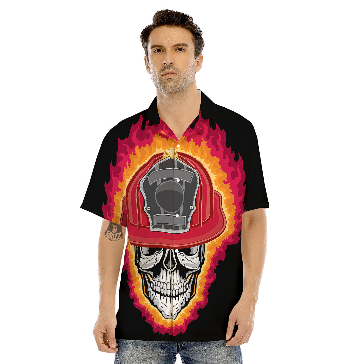 Firefighter Skull Flaming Print Men's Hawaiian Shirt-grizzshop