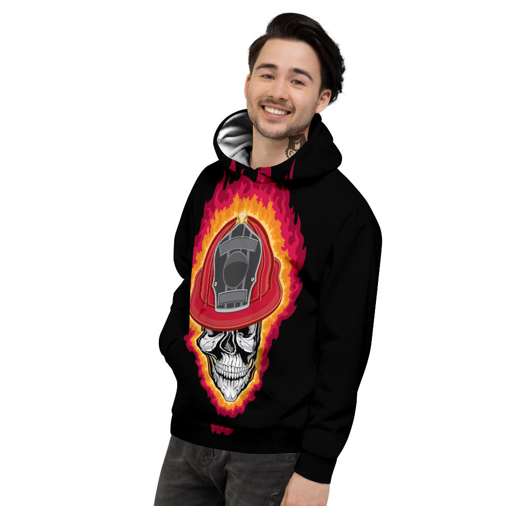 Firefighter Skull Flaming Print Men's Hoodie-grizzshop