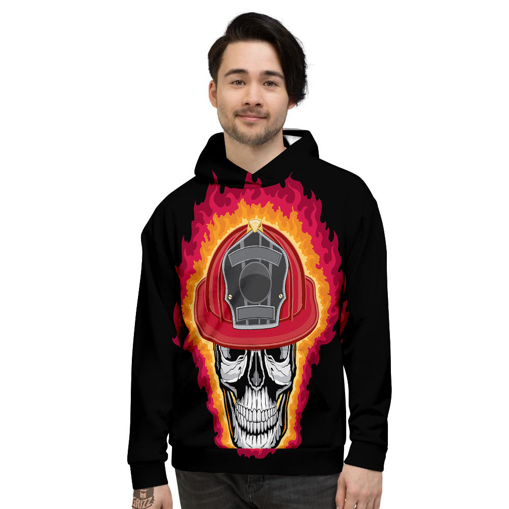 Firefighter Skull Flaming Print Men's Hoodie-grizzshop