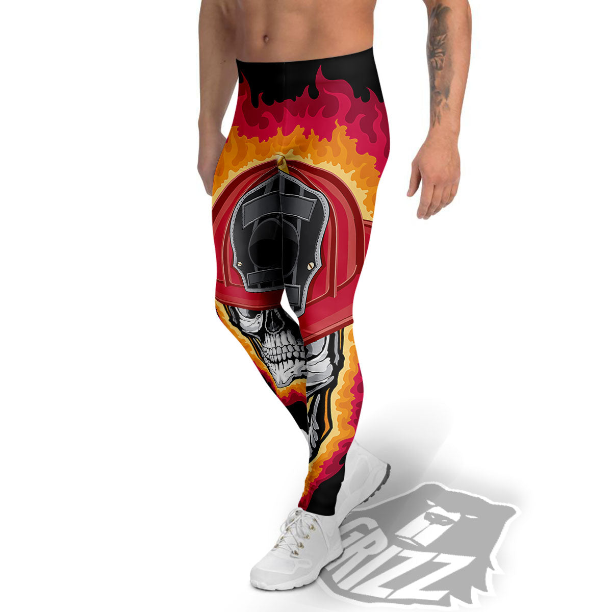 Firefighter Skull Flaming Print Men's Leggings-grizzshop
