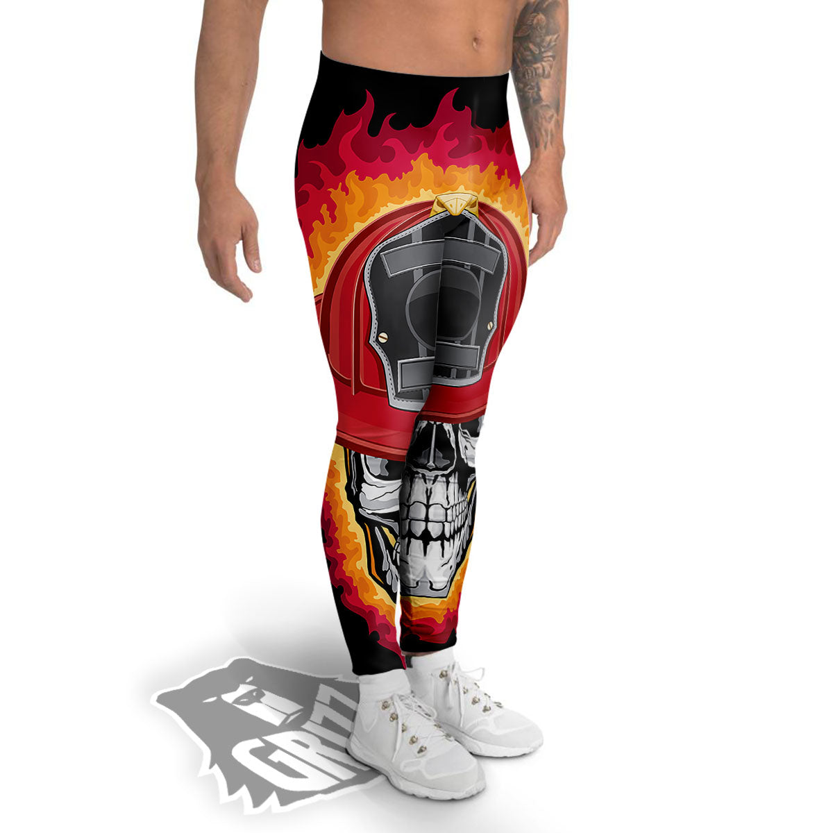 Firefighter Skull Flaming Print Men's Leggings-grizzshop
