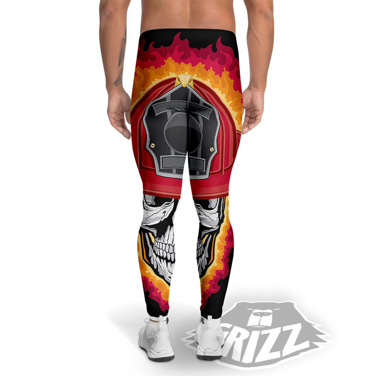 Firefighter Skull Flaming Print Men's Leggings-grizzshop