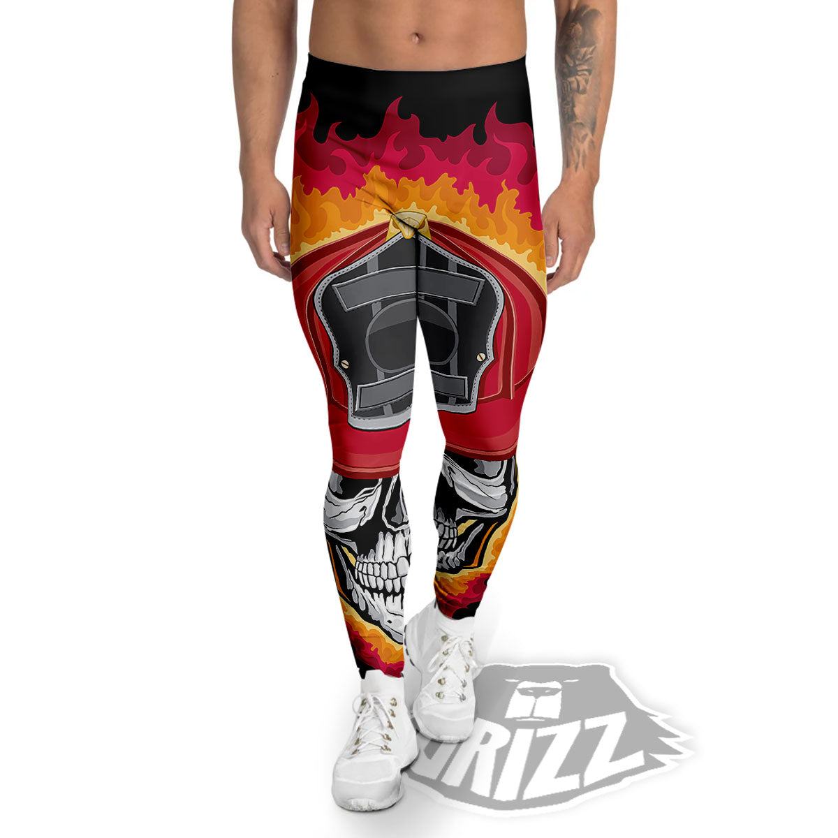Firefighter Skull Flaming Print Men's Leggings-grizzshop