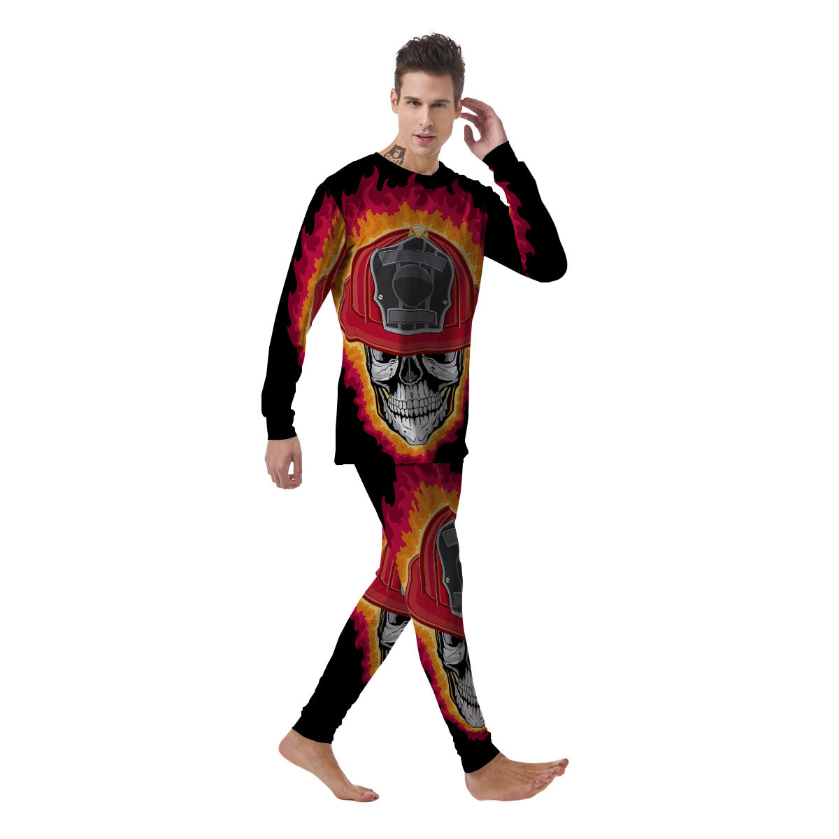 Firefighter Skull Flaming Print Men's Pajamas-grizzshop