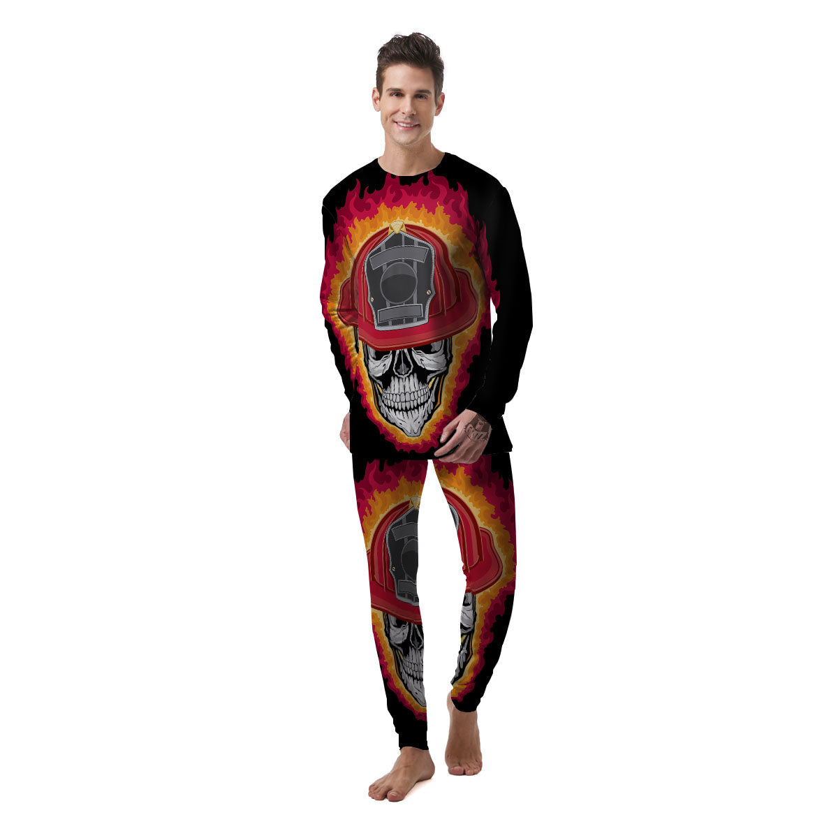 Firefighter Skull Flaming Print Men's Pajamas-grizzshop