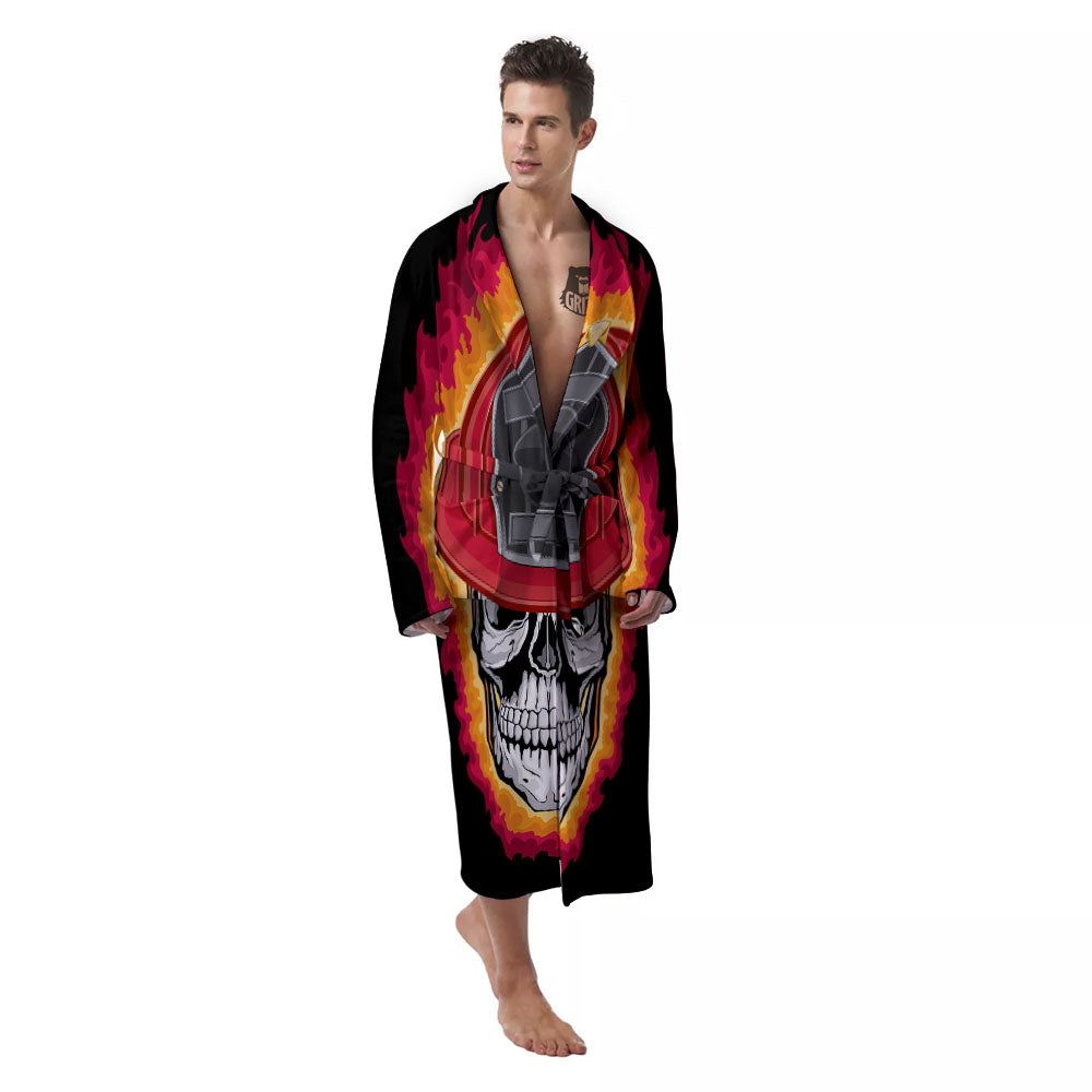 Firefighter Skull Flaming Print Men's Robe-grizzshop