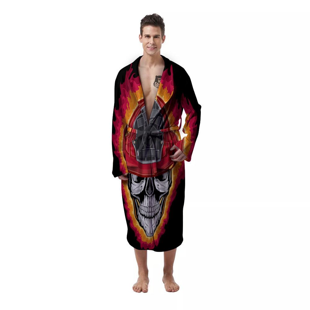 Firefighter Skull Flaming Print Men's Robe-grizzshop