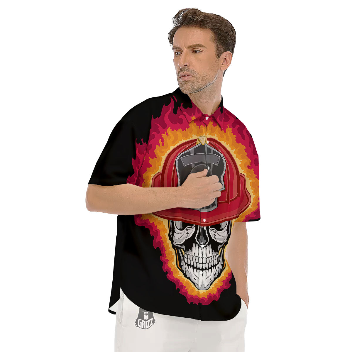 Firefighter Skull Flaming Print Men's Short Sleeve Shirts-grizzshop
