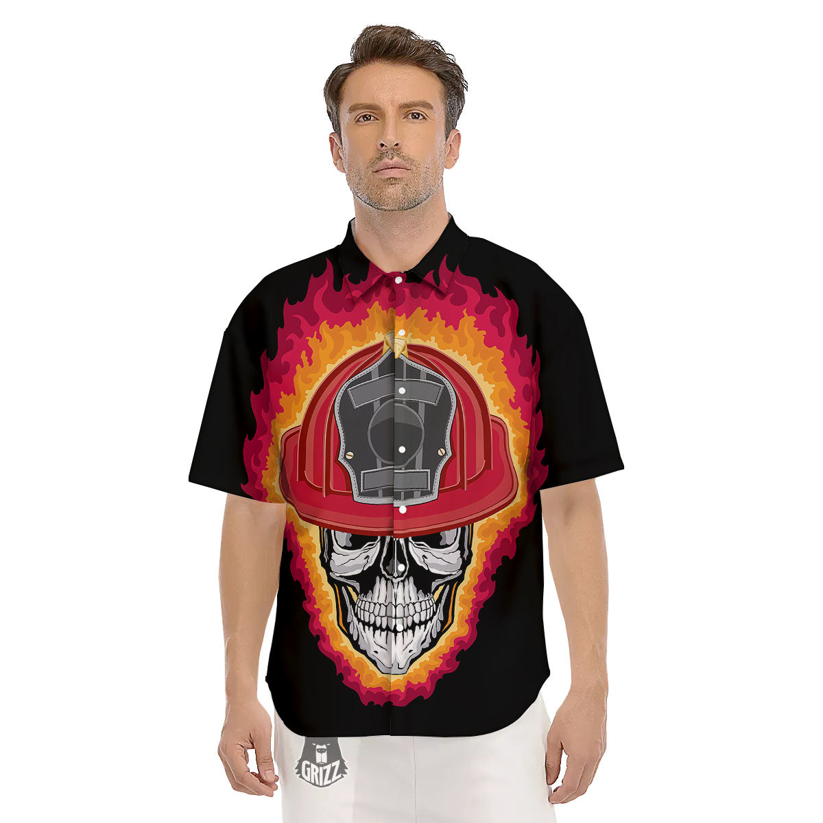 Firefighter Skull Flaming Print Men's Short Sleeve Shirts-grizzshop