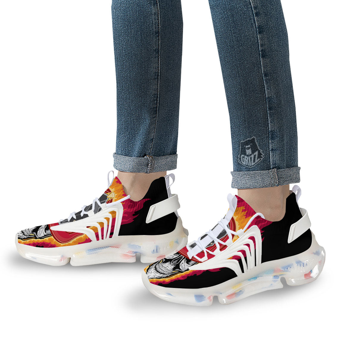 Firefighter Skull Flaming Print White Gym Shoes-grizzshop