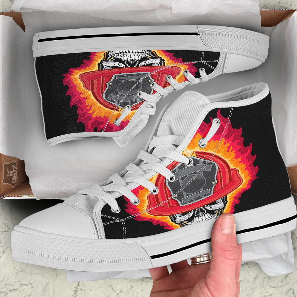 Firefighter Skull Flaming Print White High Top Shoes-grizzshop