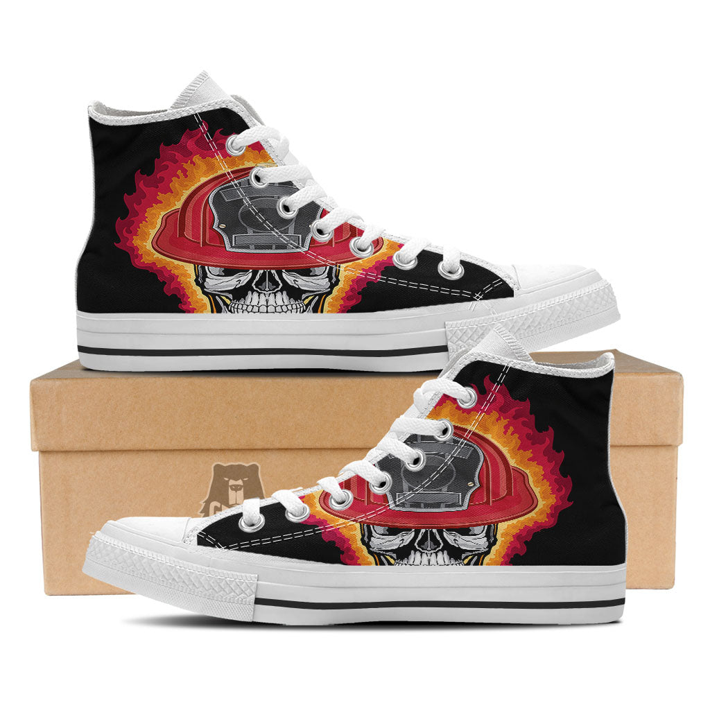 Firefighter Skull Flaming Print White High Top Shoes-grizzshop