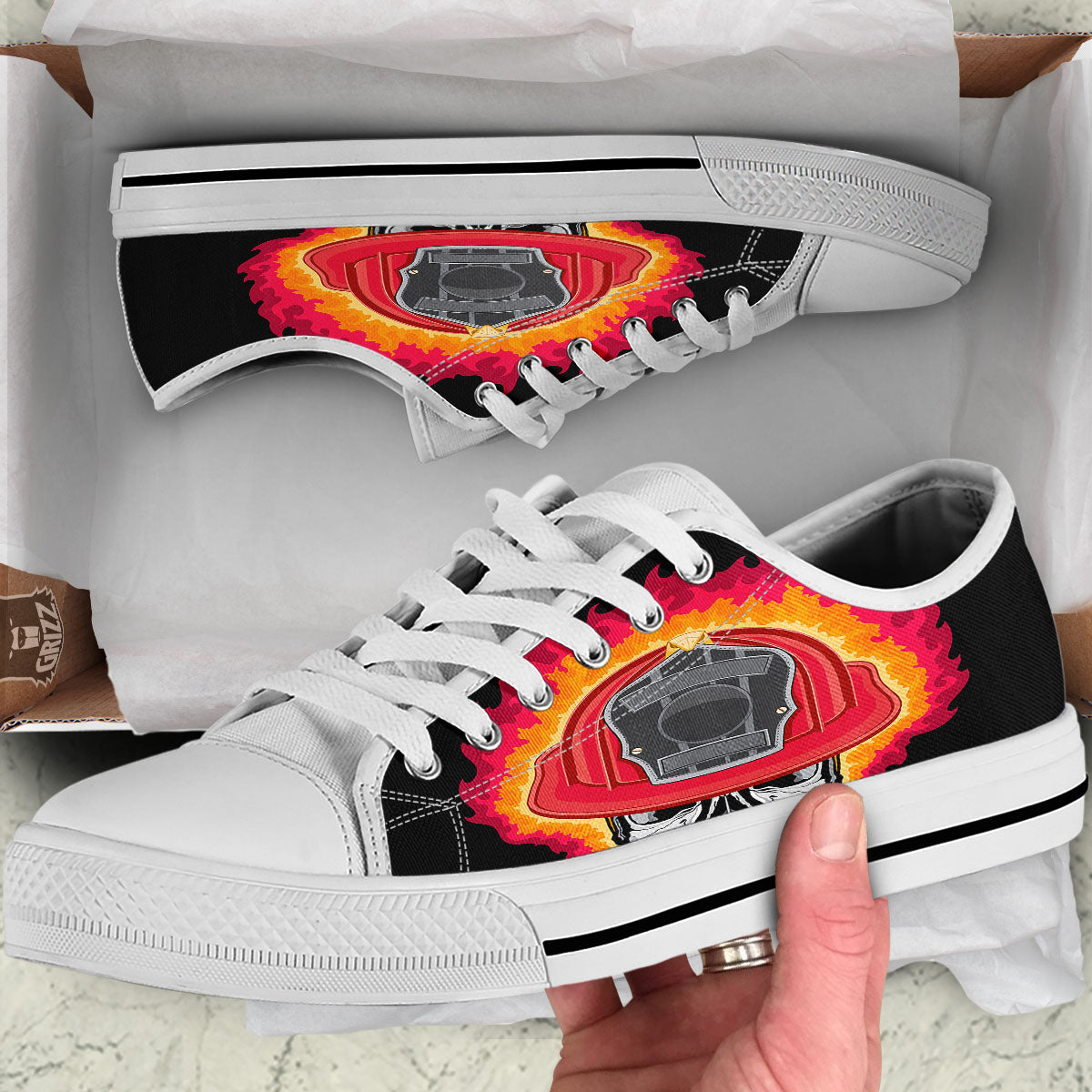 Firefighter Skull Flaming Print White Low Top Shoes-grizzshop