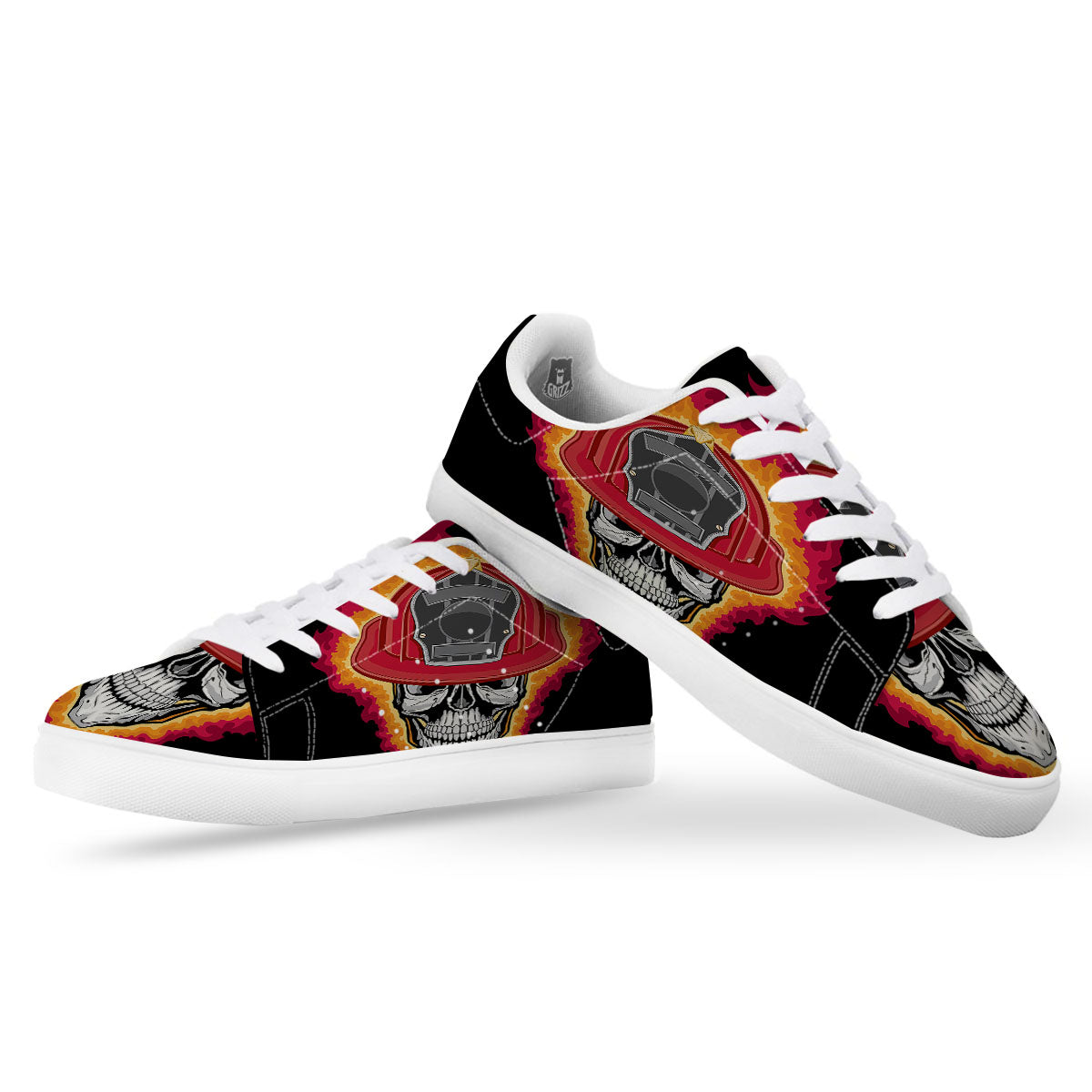 Firefighter Skull Flaming Print White Low Top Sneakers-grizzshop