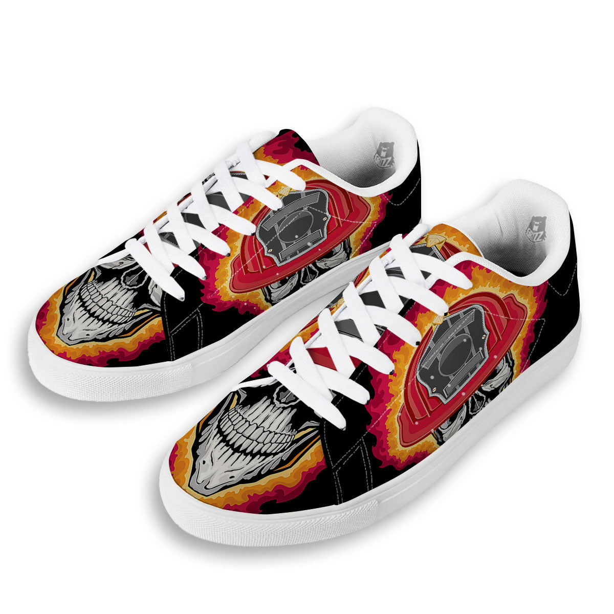 Firefighter Skull Flaming Print White Low Top Sneakers-grizzshop