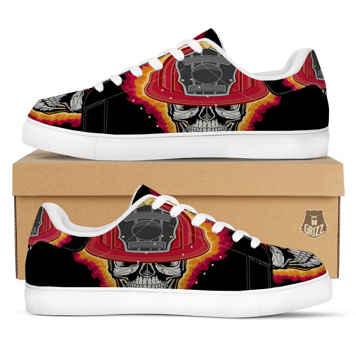 Firefighter Skull Flaming Print White Low Top Sneakers-grizzshop