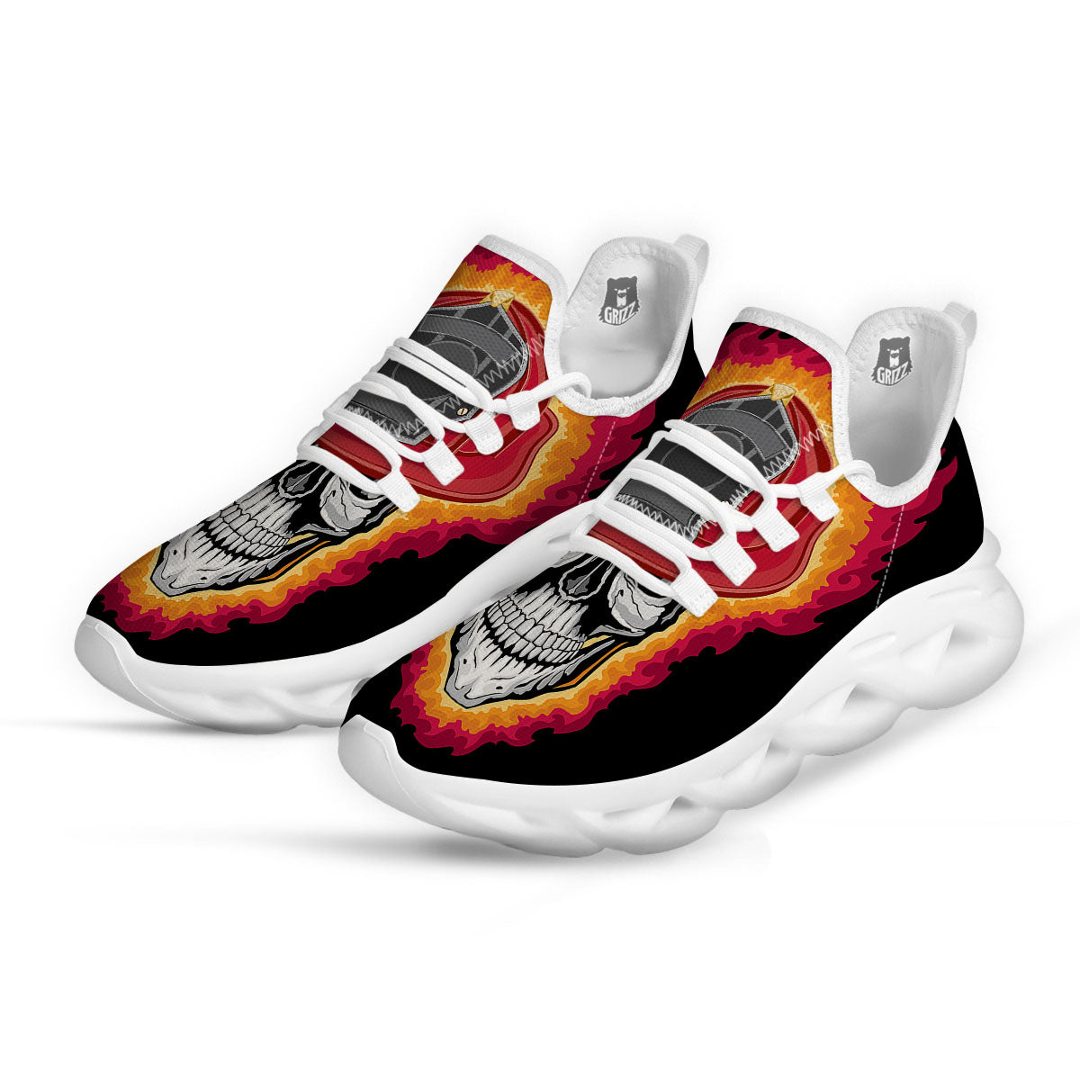 Firefighter Skull Flaming Print White Running Shoes-grizzshop