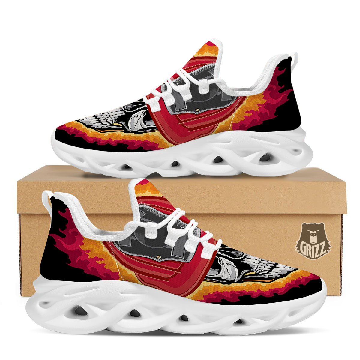 Firefighter Skull Flaming Print White Running Shoes-grizzshop
