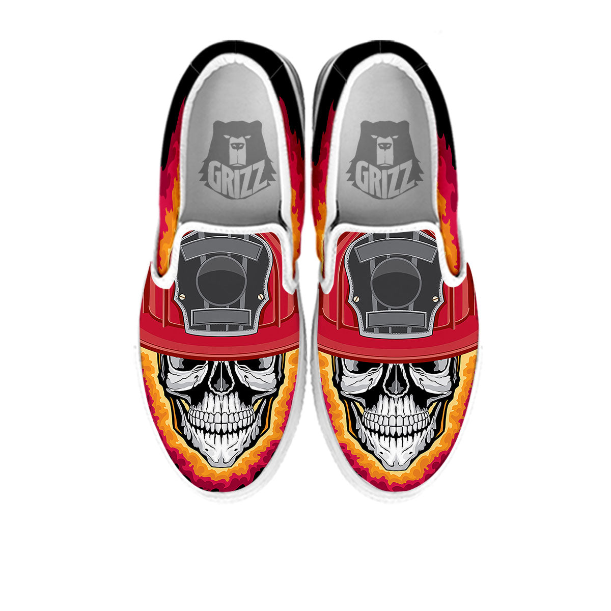 Firefighter Skull Flaming Print White Slip On Shoes-grizzshop