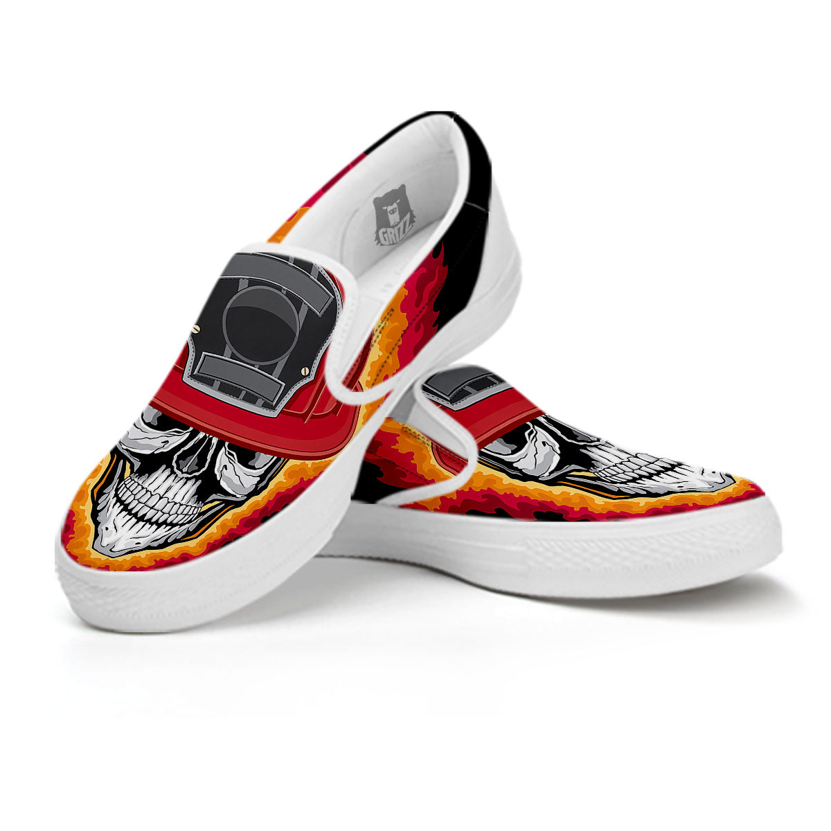 Firefighter Skull Flaming Print White Slip On Shoes-grizzshop
