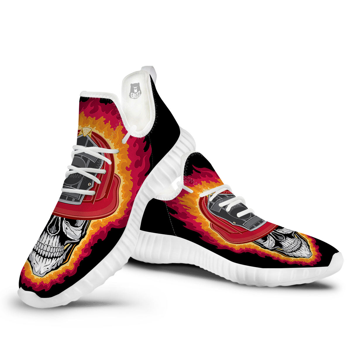 Firefighter Skull Flaming Print White Walking Shoes-grizzshop
