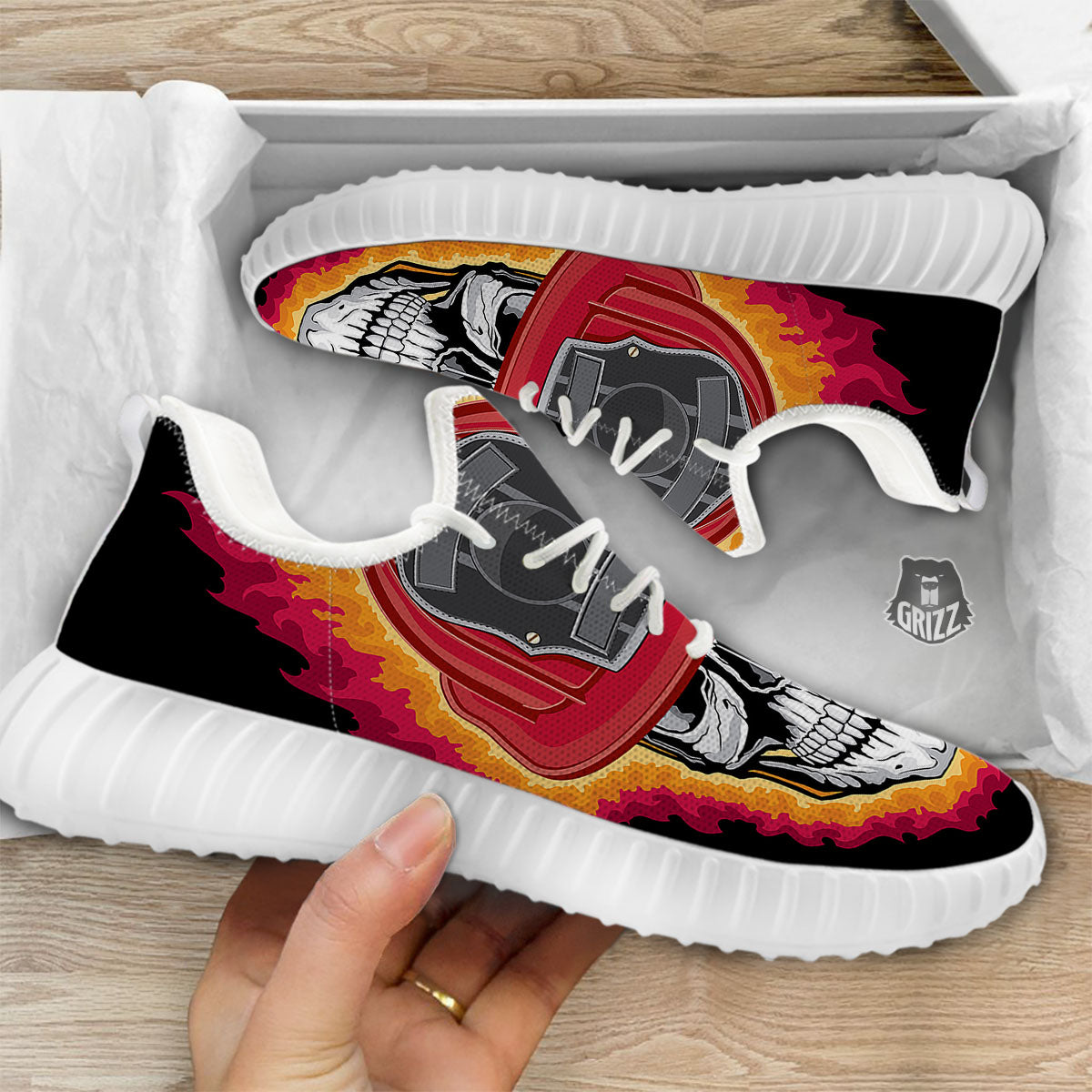 Firefighter Skull Flaming Print White Walking Shoes-grizzshop