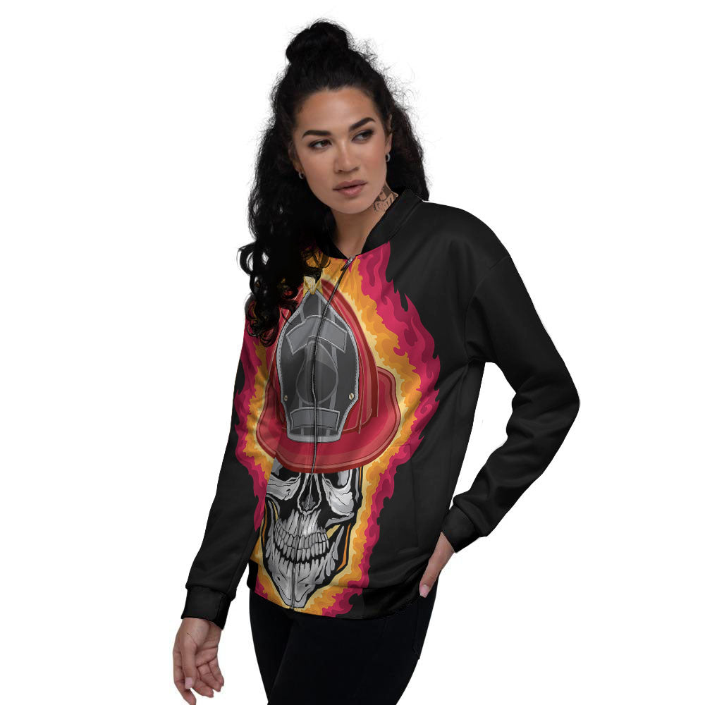 Firefighter Skull Flaming Print Women's Bomber Jacket-grizzshop