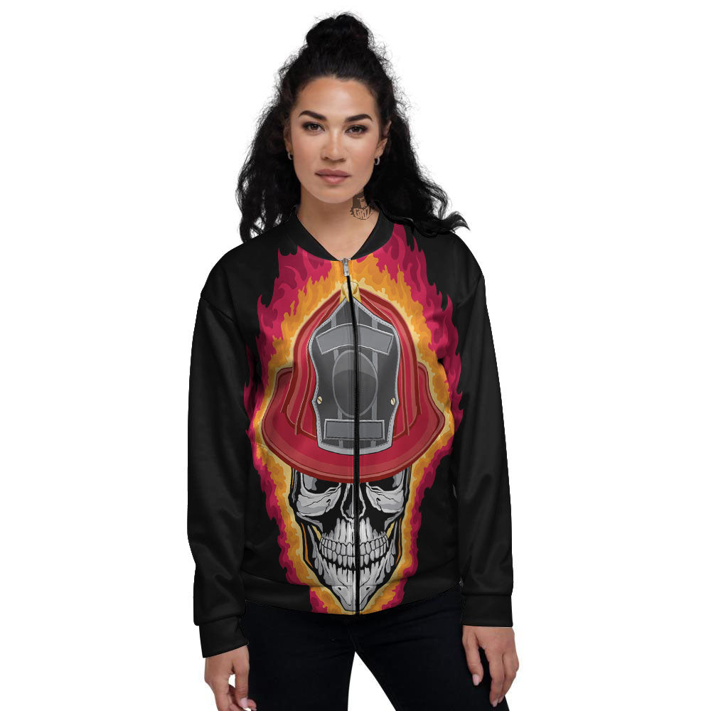 Firefighter Skull Flaming Print Women's Bomber Jacket-grizzshop